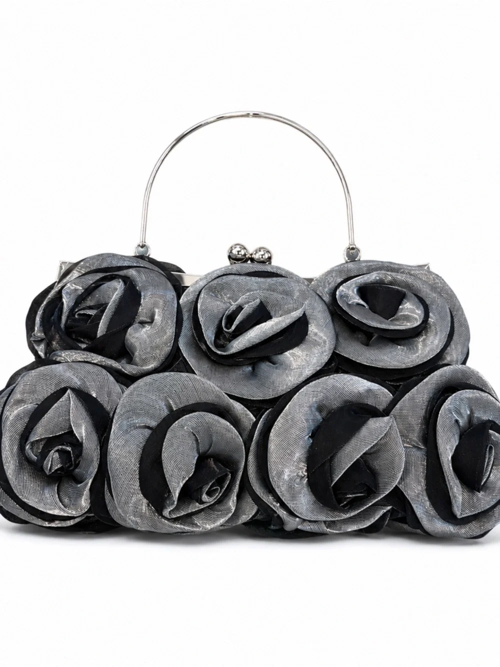 Helen Heart Gray Rosette Formal Evening Bag NWT Silver Handle Chain Strap - Picture 2 of 6